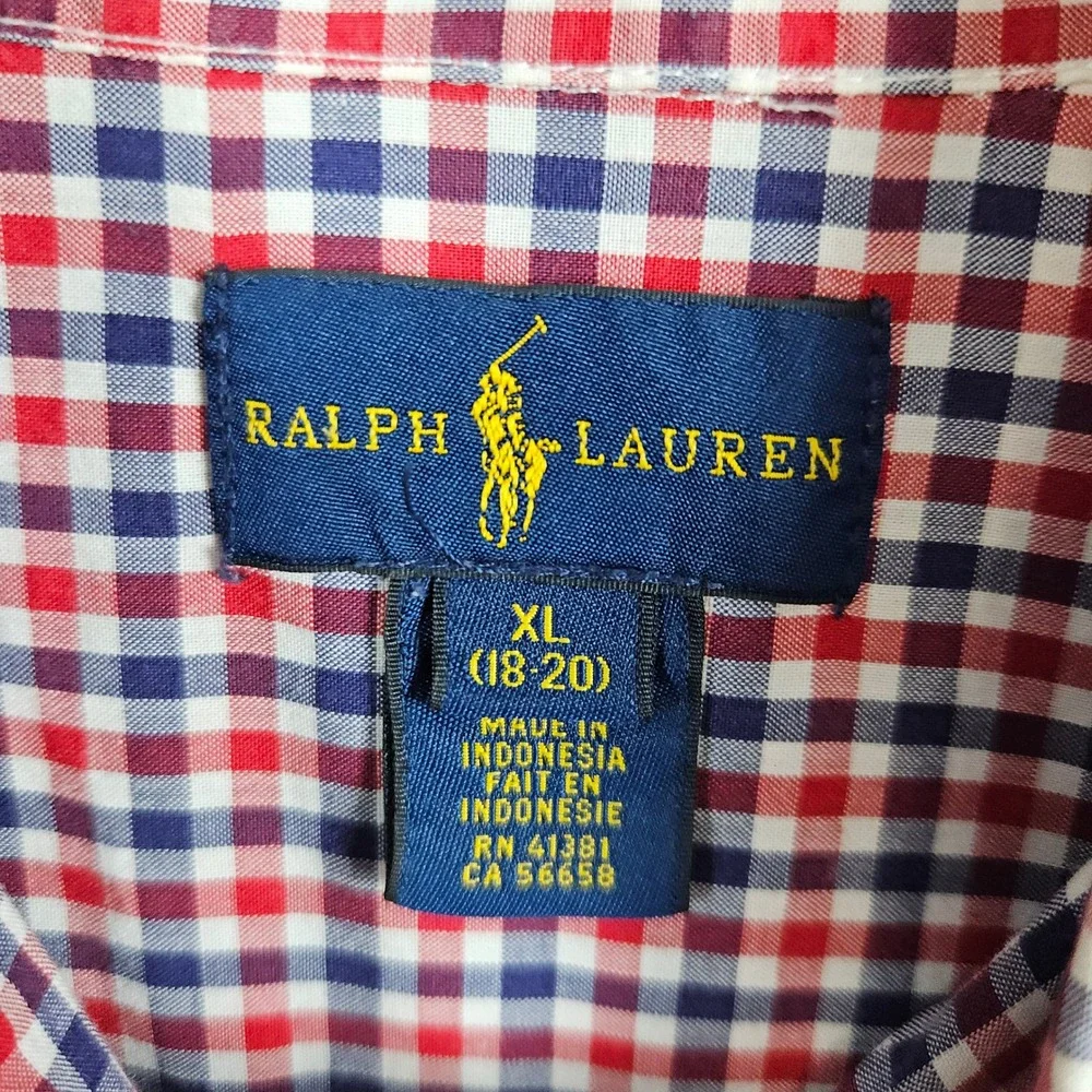 Ralph Lauren Boys Gingham Button Down Shirt Red Blue White‎ Plaid Size XL 18-20